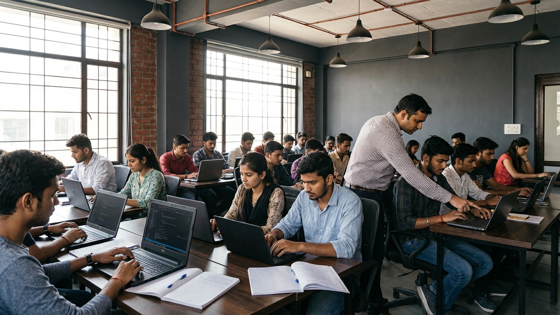Students at laptops in a modern classroom. An instructor stands at a student's desk,
pointing at their screen. Focused energy, natural daylight, no projector or slides visible.