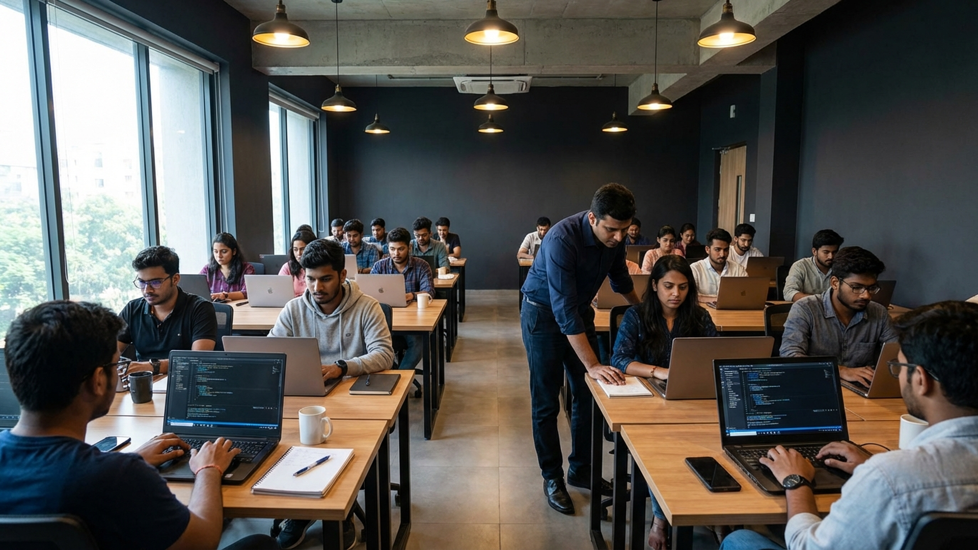 A modern classroom filled with 20+ young Indian adults coding at individual desks with
laptops. One instructor stands at a student's desk, pointing at their screen. Natural
daylight, industrial ceiling, startup energy. No projector, no slides — just focused,
hands-on coding.
