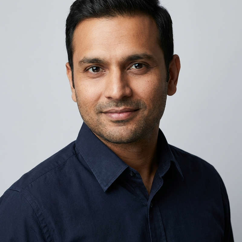 Professional headshot of an Indian male engineer in his early 30s wearing a dark collared shirt. Confident, approachable expression.