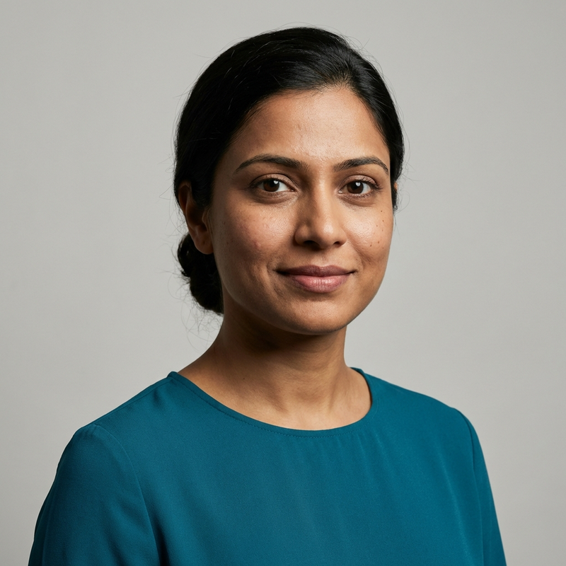 Professional headshot of an Indian female engineer in her early 30s wearing a teal top. Direct gaze, composed expression.