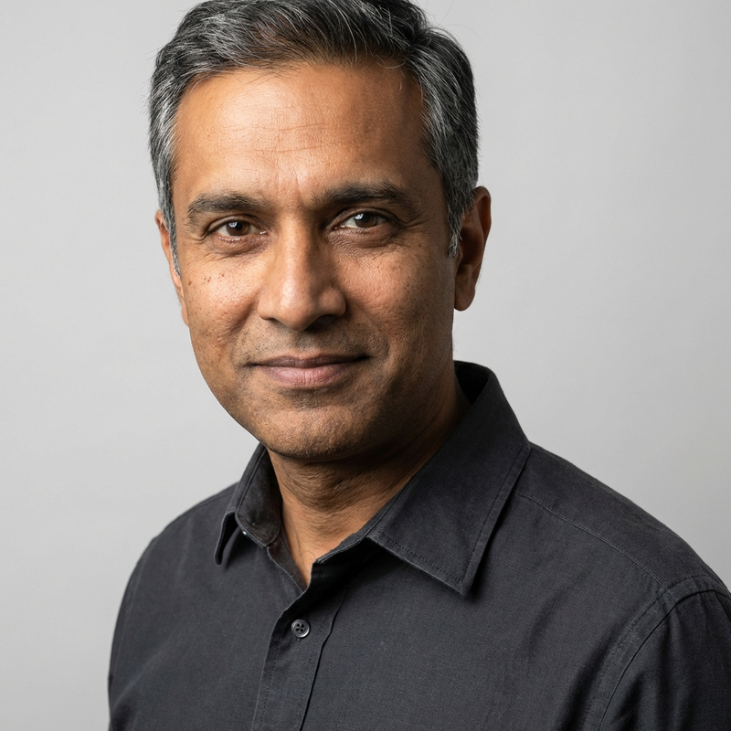 Professional headshot of a senior Indian male engineer in his early 40s with slightly graying temples, wearing a charcoal shirt. Warm, authoritative expression.