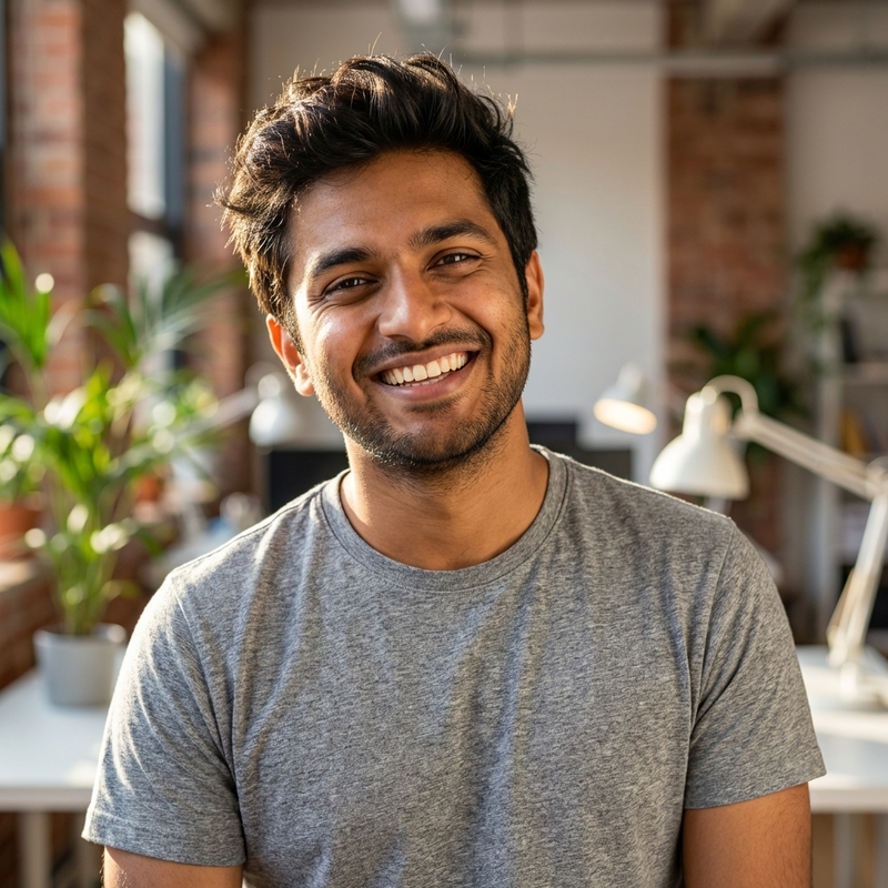 Casual headshot of Sneha Patel, Marketing Manager at a D2C accessories brand. Young Indian female, warm smile.