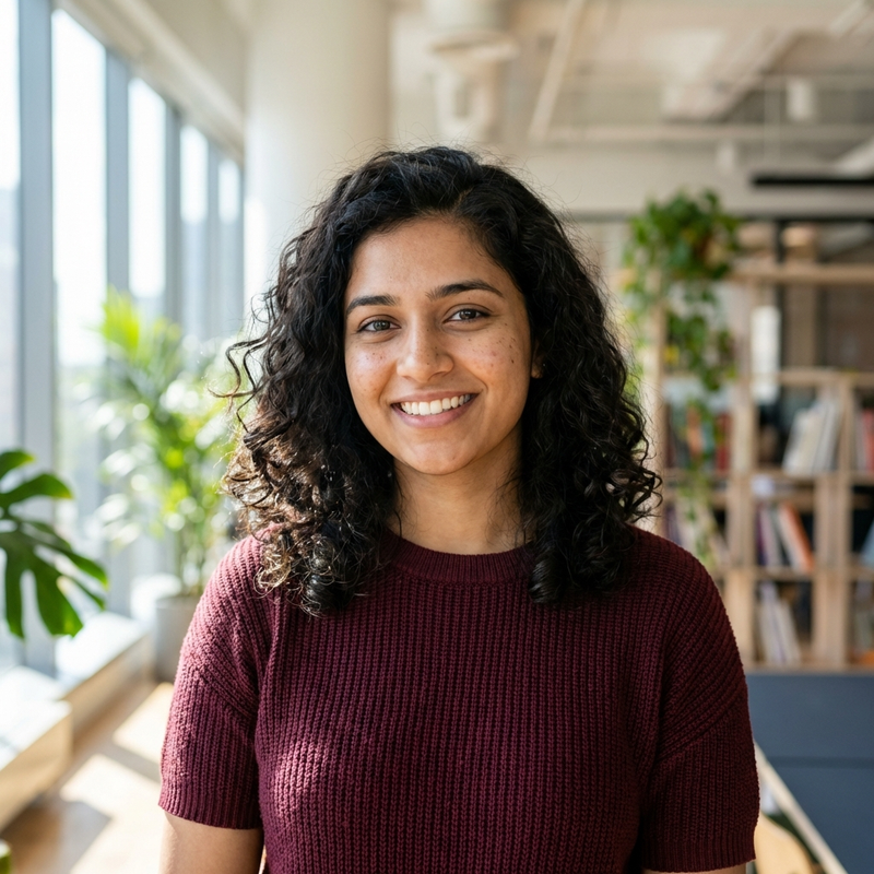 Casual headshot of Arjun Mehta, Digital Marketing Consultant. Young Indian male, professional setting.