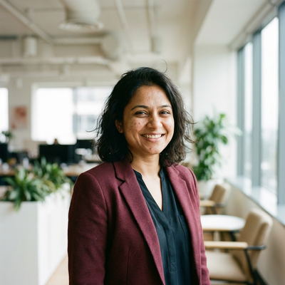 Casual headshot of an Indian female delivery manager in her early 30s wearing a maroon top. Confident expression, natural workspace lighting.