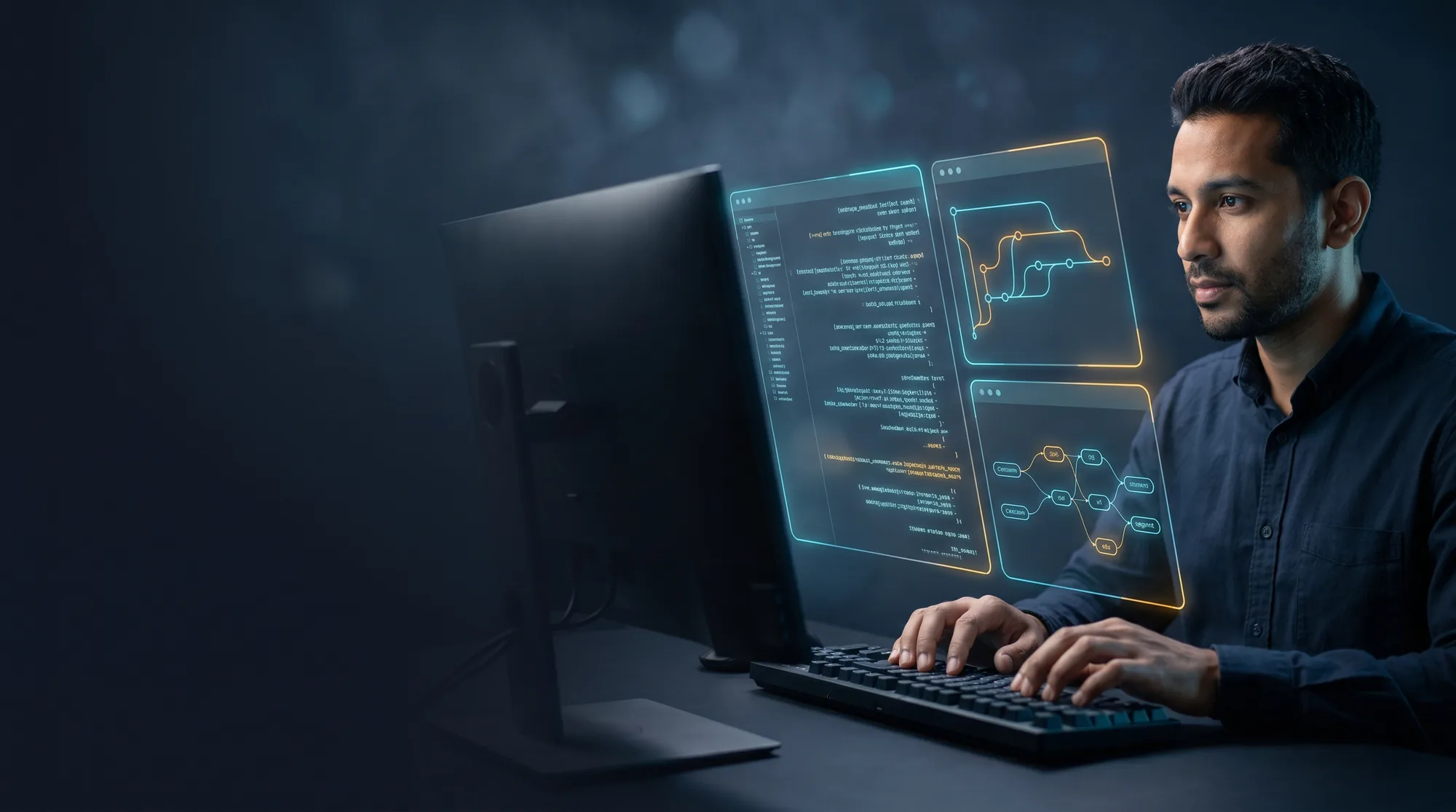 A software engineer using Claude Code, with holographic panels showing live code, a git branch graph, and an AI agent node-graph in cyan and amber on a dark navy background.
