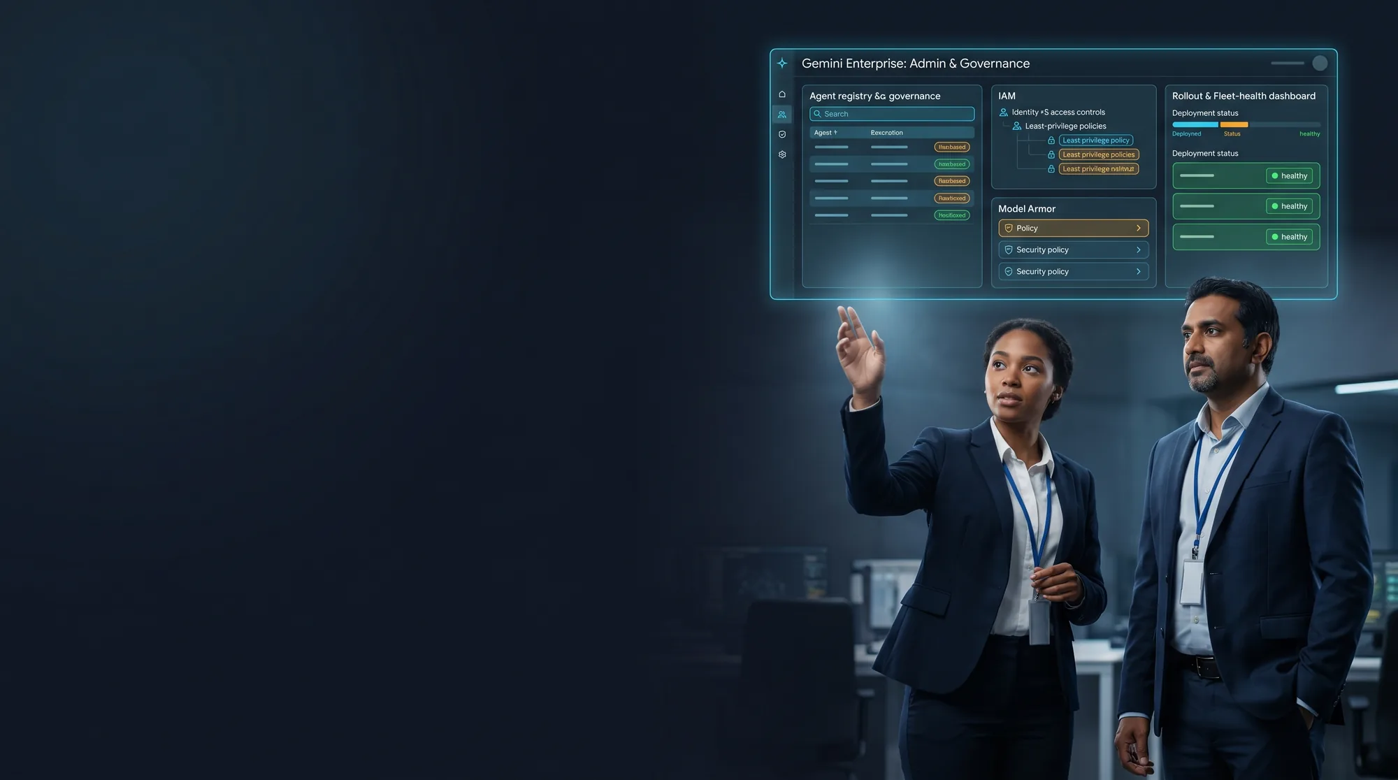 Two enterprise admins at a holographic Gemini Enterprise admin console showing an agent registry & governance panel, IAM least-privilege policies, Model Armor security policies, and a fleet-health dashboard with healthy states on a dark navy background.
