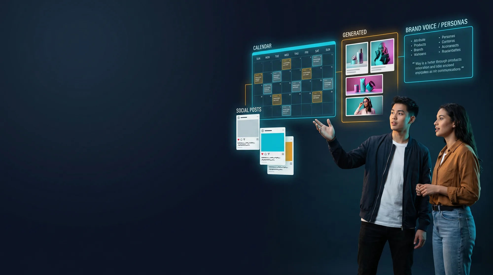 Two young marketers pointing at a holographic content studio with a social content calendar, AI-generated marketing visuals, social post cards, and a brand-voice & personas panel on a dark navy background.
