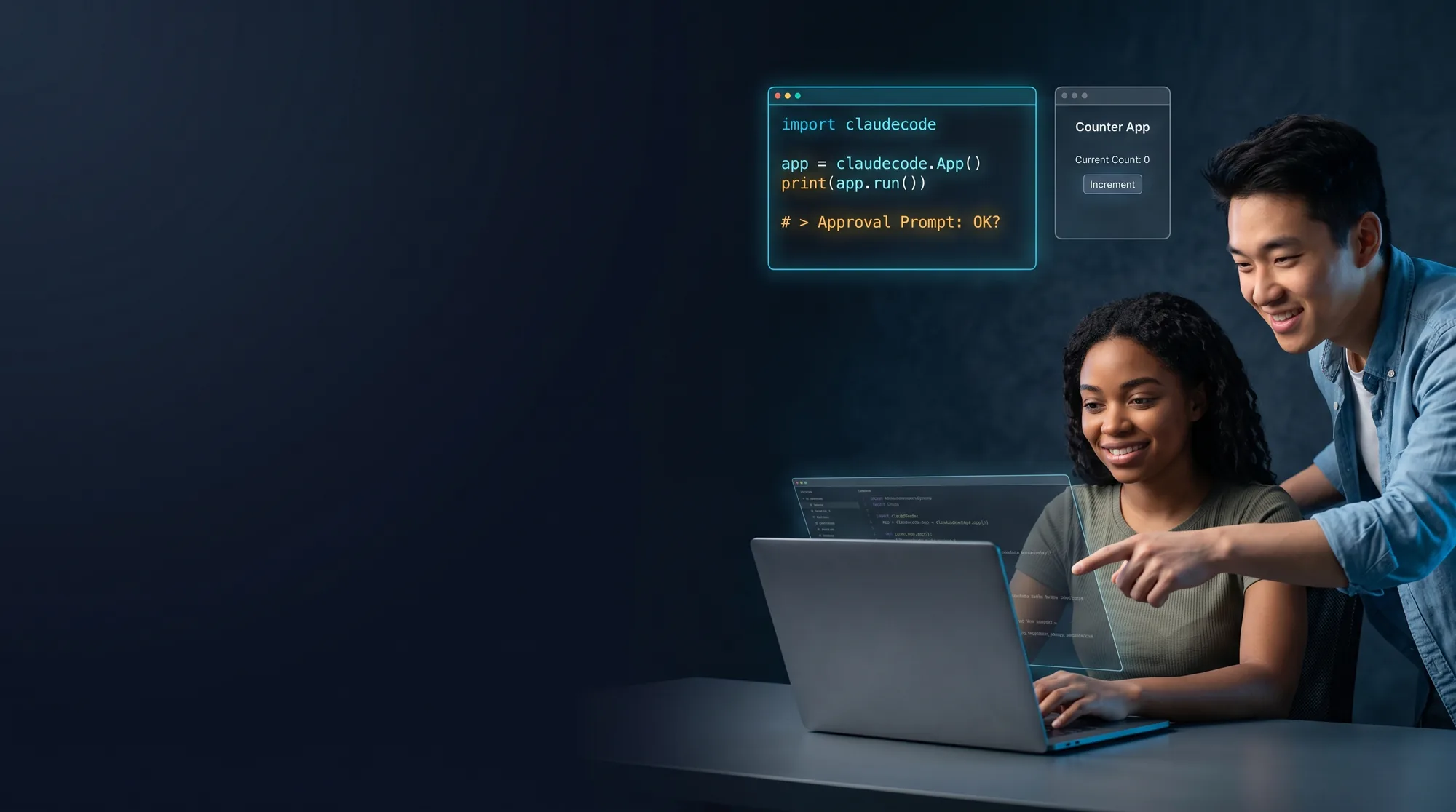 Two young developers smiling at a laptop as they build their first app with Claude Code, with holographic panels showing simple code and a small 
