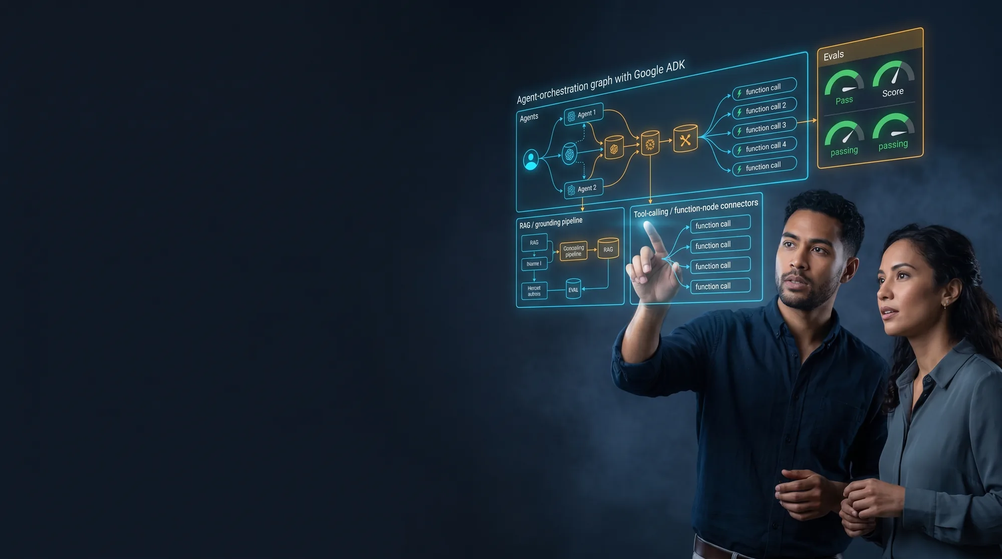 Two engineers at a holographic agent-engineering workspace showing a multi-agent orchestration graph with Google ADK, a RAG/grounding pipeline, tool-calling function-node connectors, and evaluation gauges (pass/score) on a dark navy background.
