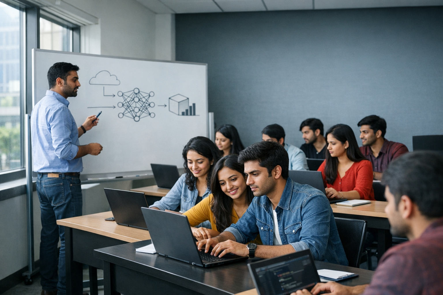 Diverse Indian students in a modern classroom working on laptops while an instructor teaches AI and ML concepts at a whiteboard